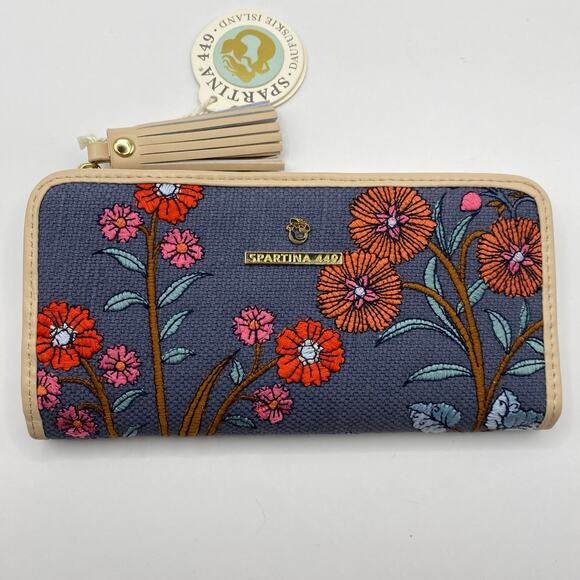 Spartina 449 Tassel Snap Zip Wallet Blue Floral Linen Canvas Embroidered NWT - Picture 1 of 7